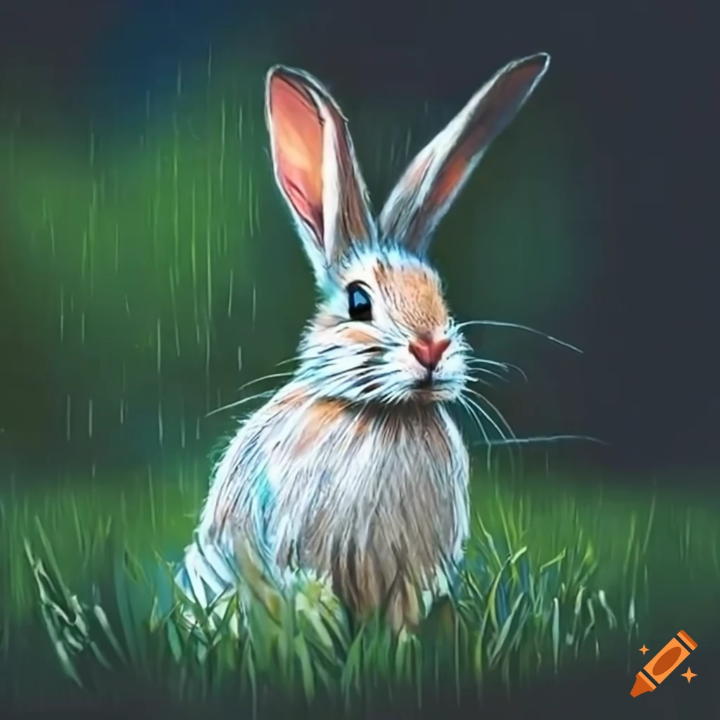 Bunny in the rain on a field