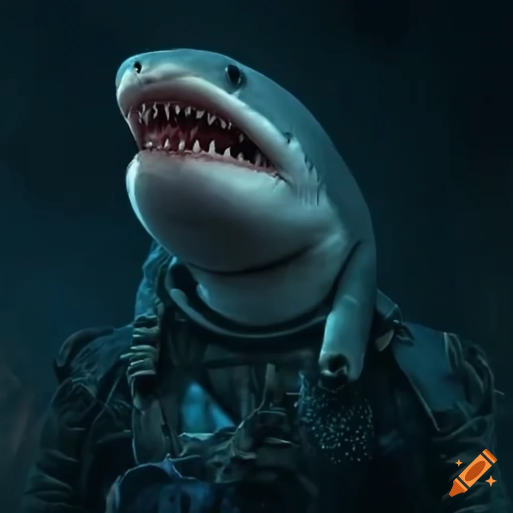 cyberpunk artwork of a genetically mutated shark biker