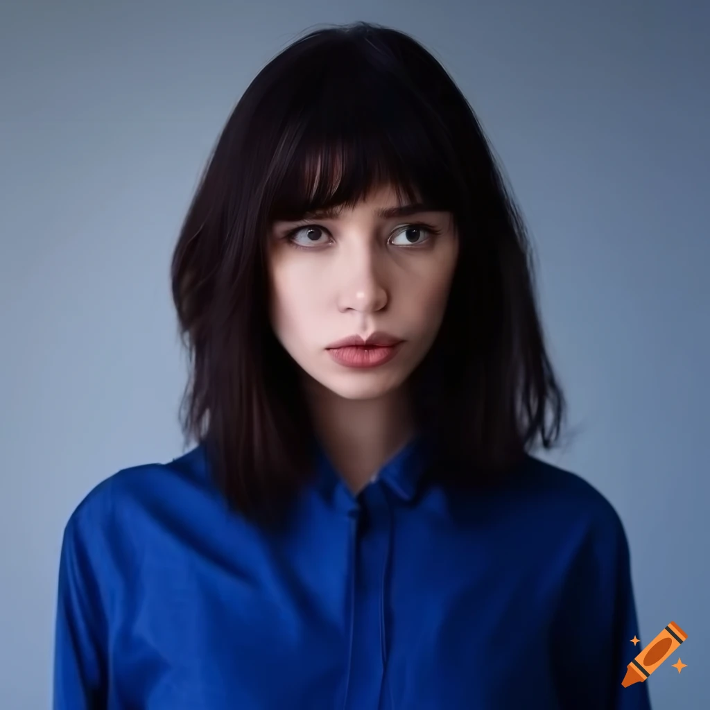 Portrait of a melancholic woman in a blue work shirt