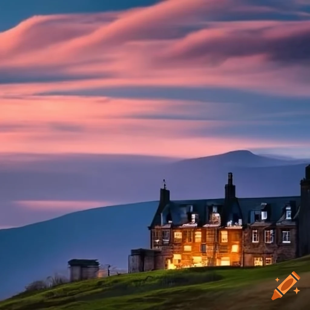 Hotel on a hillside in scotland on Craiyon