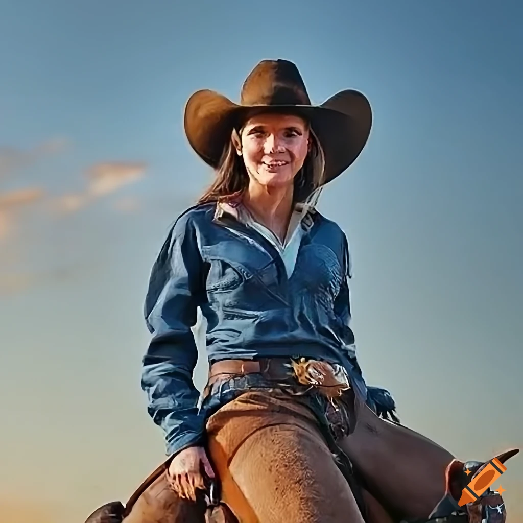 photorealistic depiction of a cowgirl riding a horse in western attire