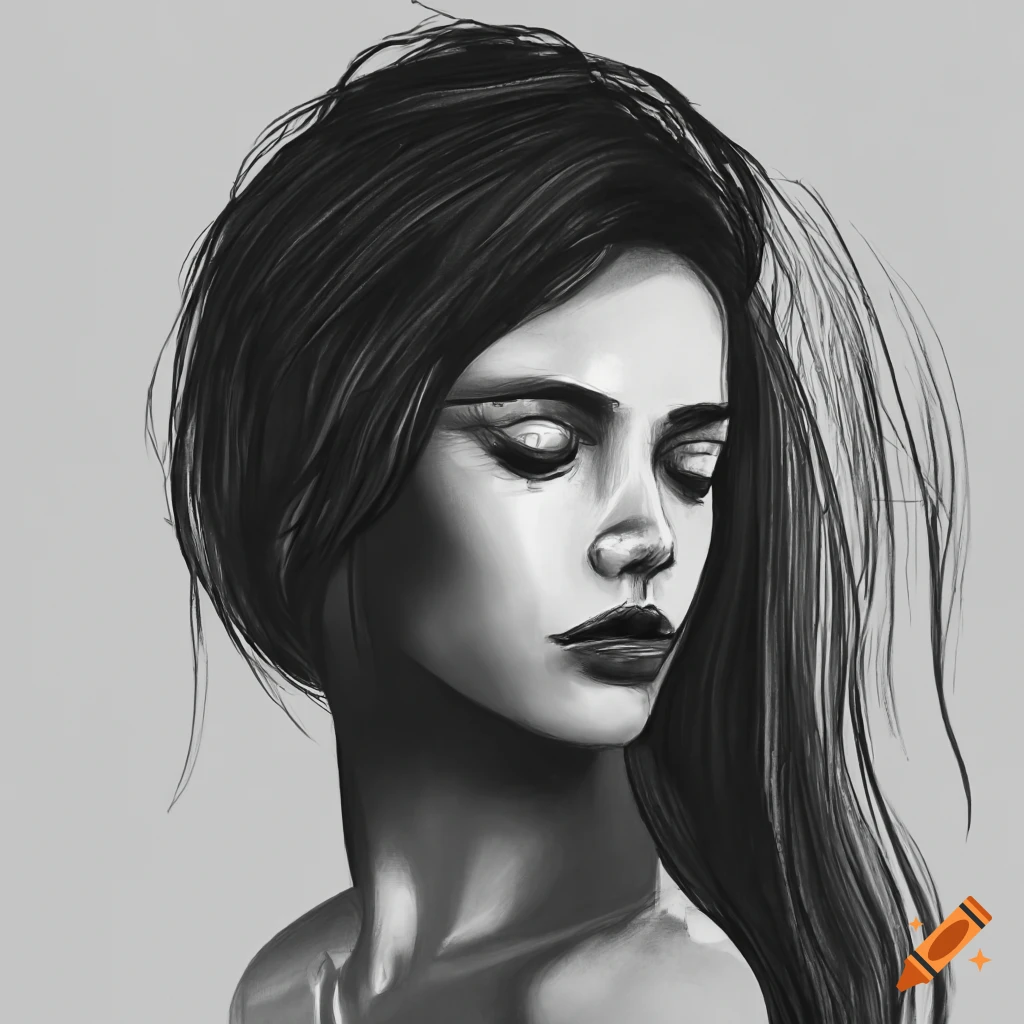 realistic sketch of a young woman lost in thoughts