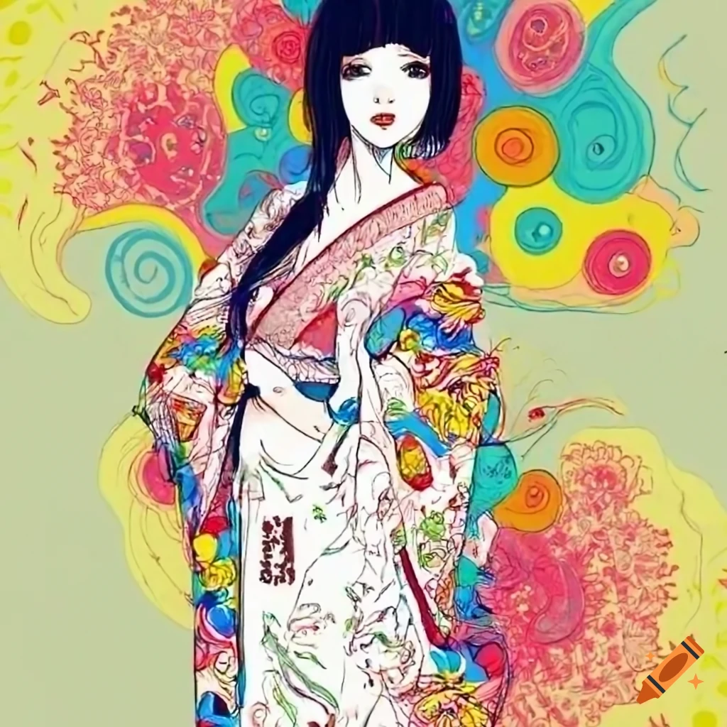 Colorful manga illustration of a japanese woman in white dress