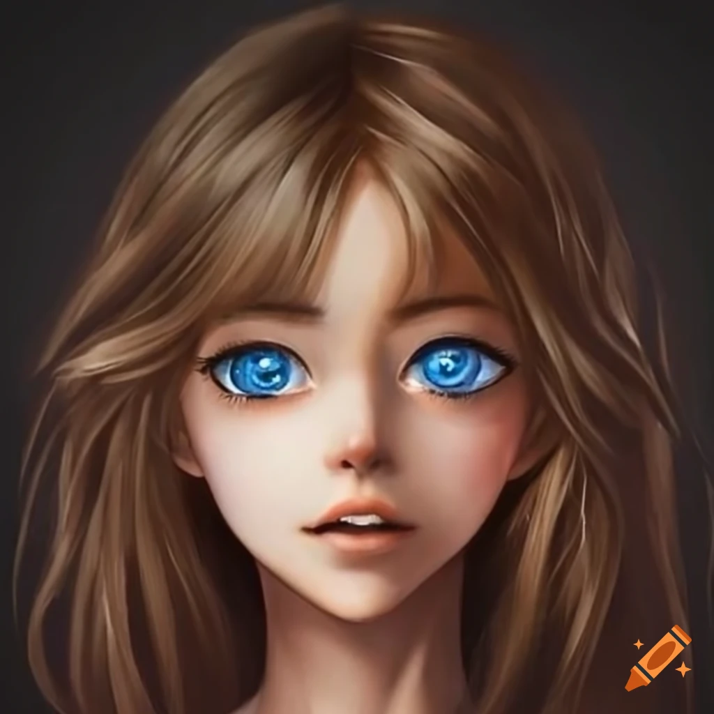 Close up portrait of a girl with brown hair and blue eyes