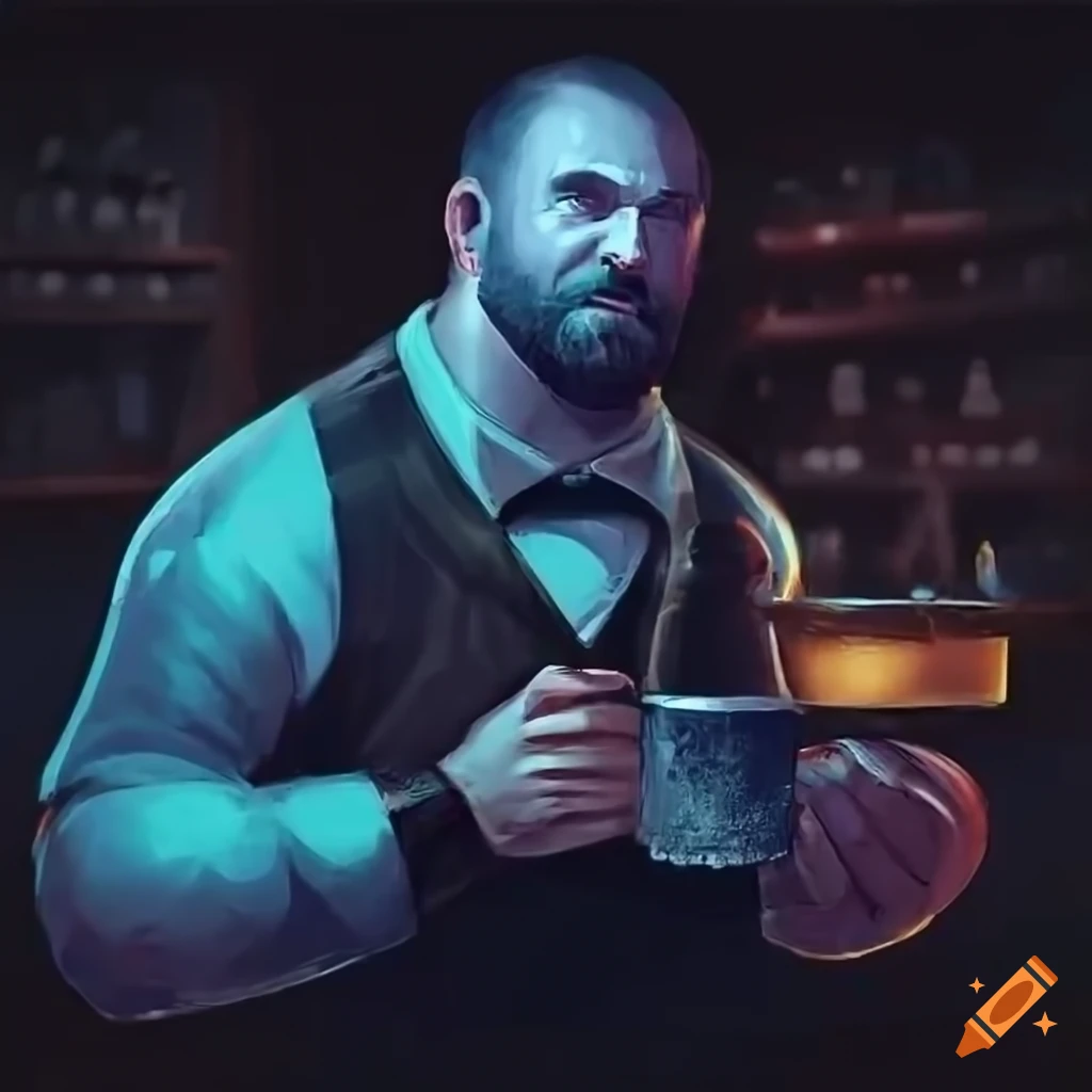 dark fantasy artwork of a strongman bartender in a dimly lit tavern