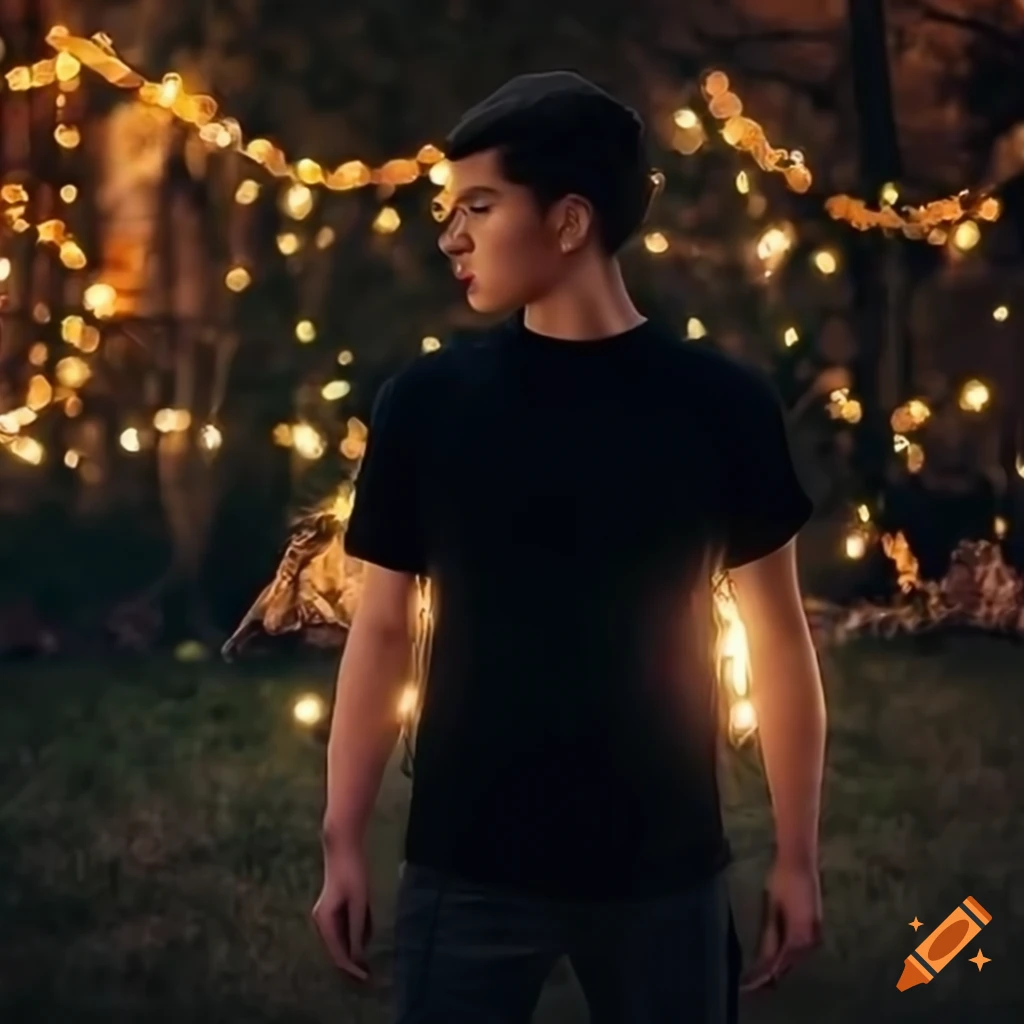 t-shirt mockup with Halloween pumpkins in a backyard