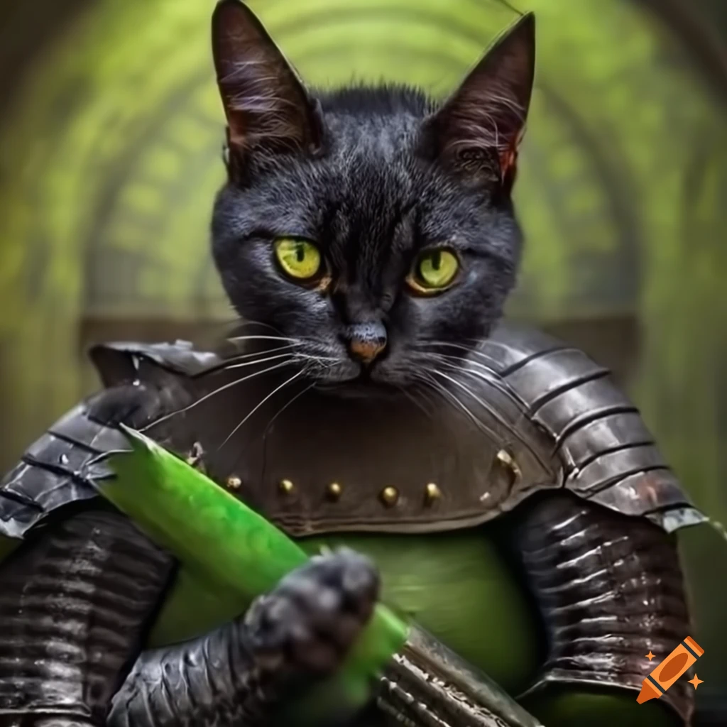 Black cat in armor beside a sleeping dragon