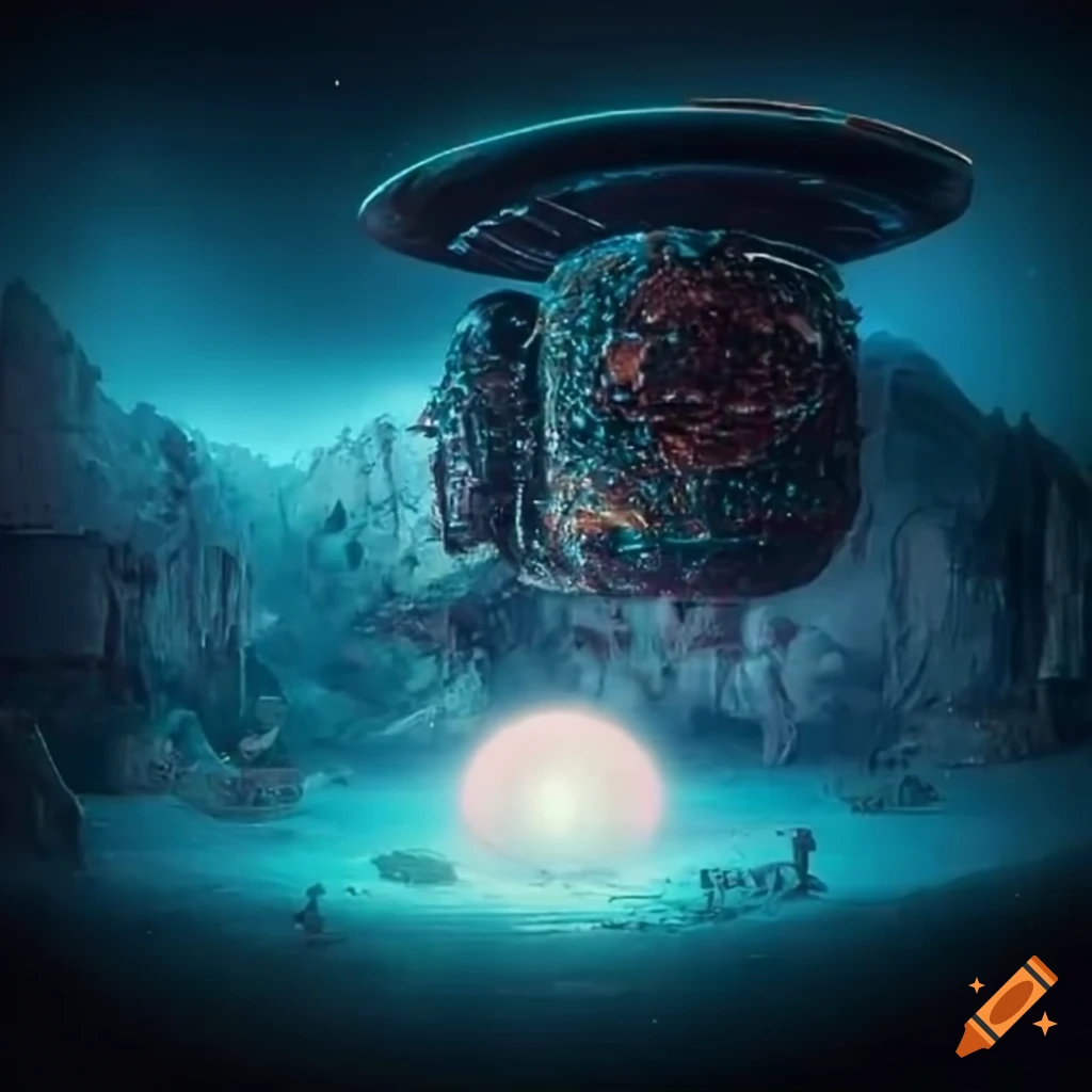 Surrealist scene with alien machines and spaceship in a desert setting ...