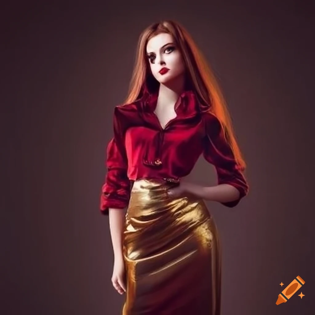 Girl wearing a golden skirt and dark red shirt on Craiyon