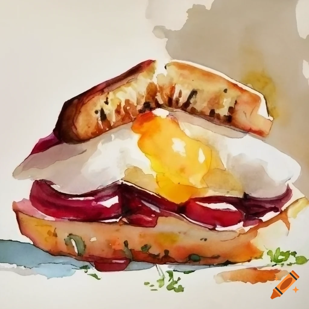 watercolor painting of a Croque Monsieur sandwich with fig jam