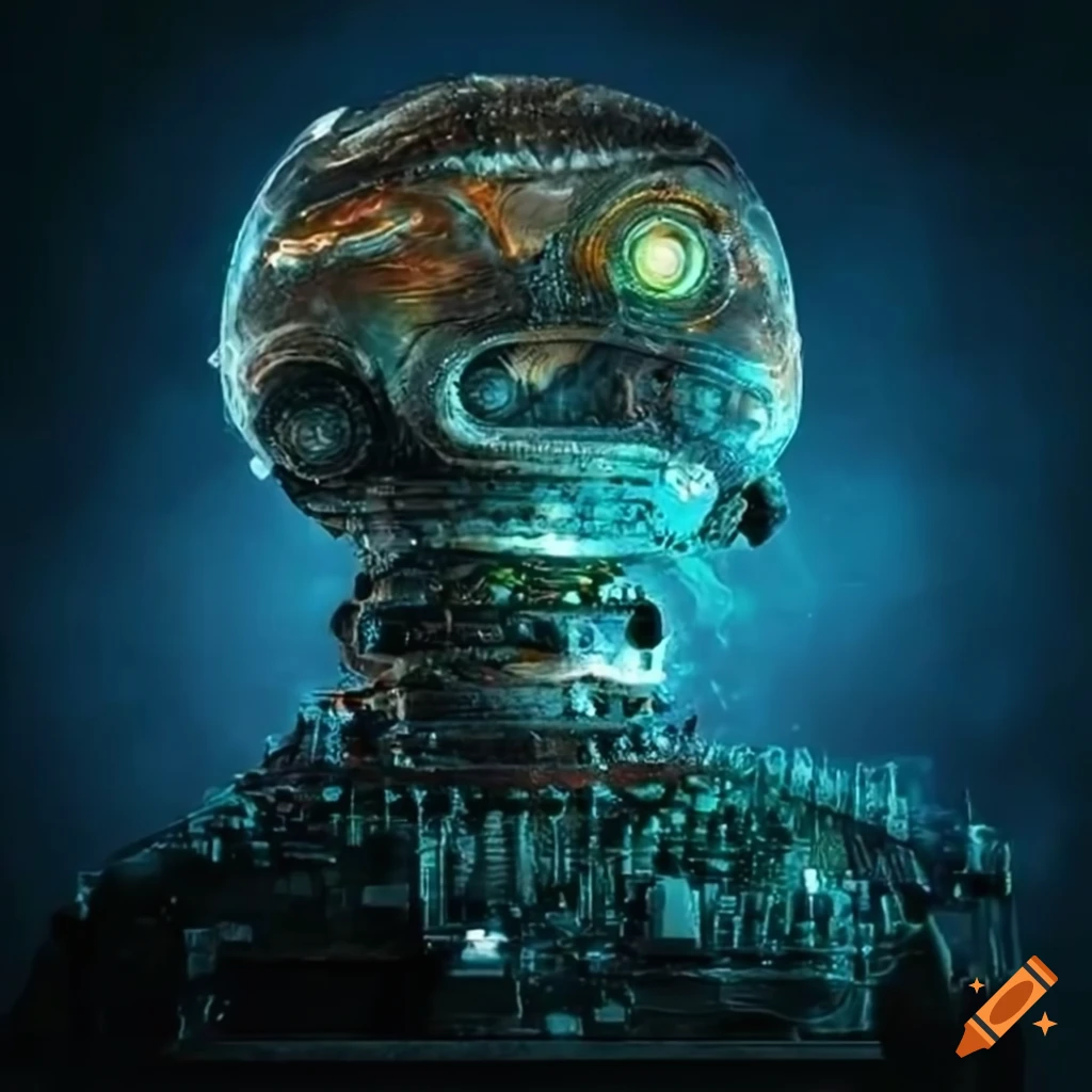 surreal artwork of alien machines and spaceship