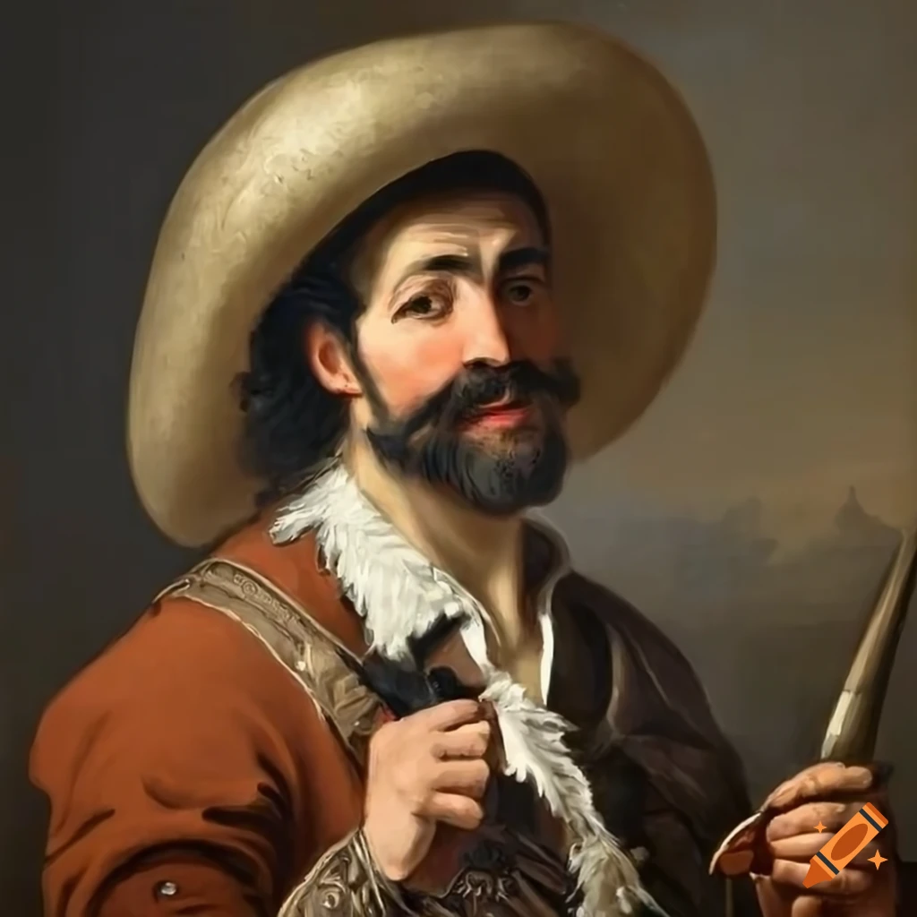 Baroque painting of a Spanish man with flint lock pistols