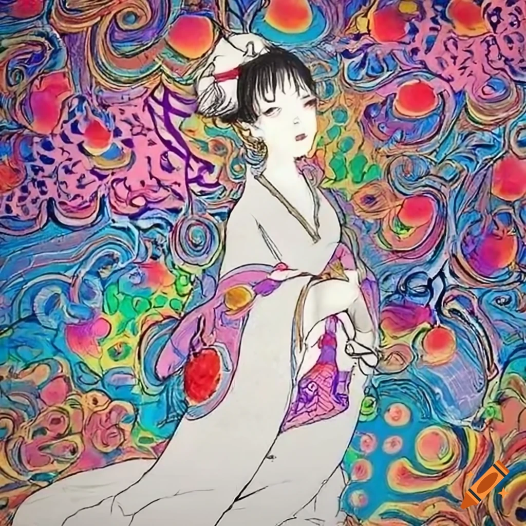 colorful manga sketch of a Japanese woman in white