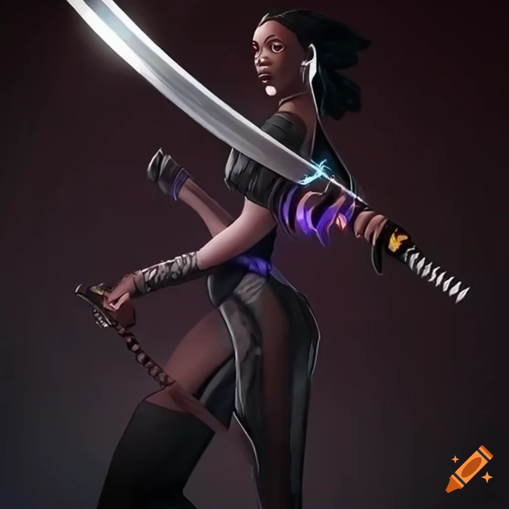 image of a black-skinned girl levitating a katana