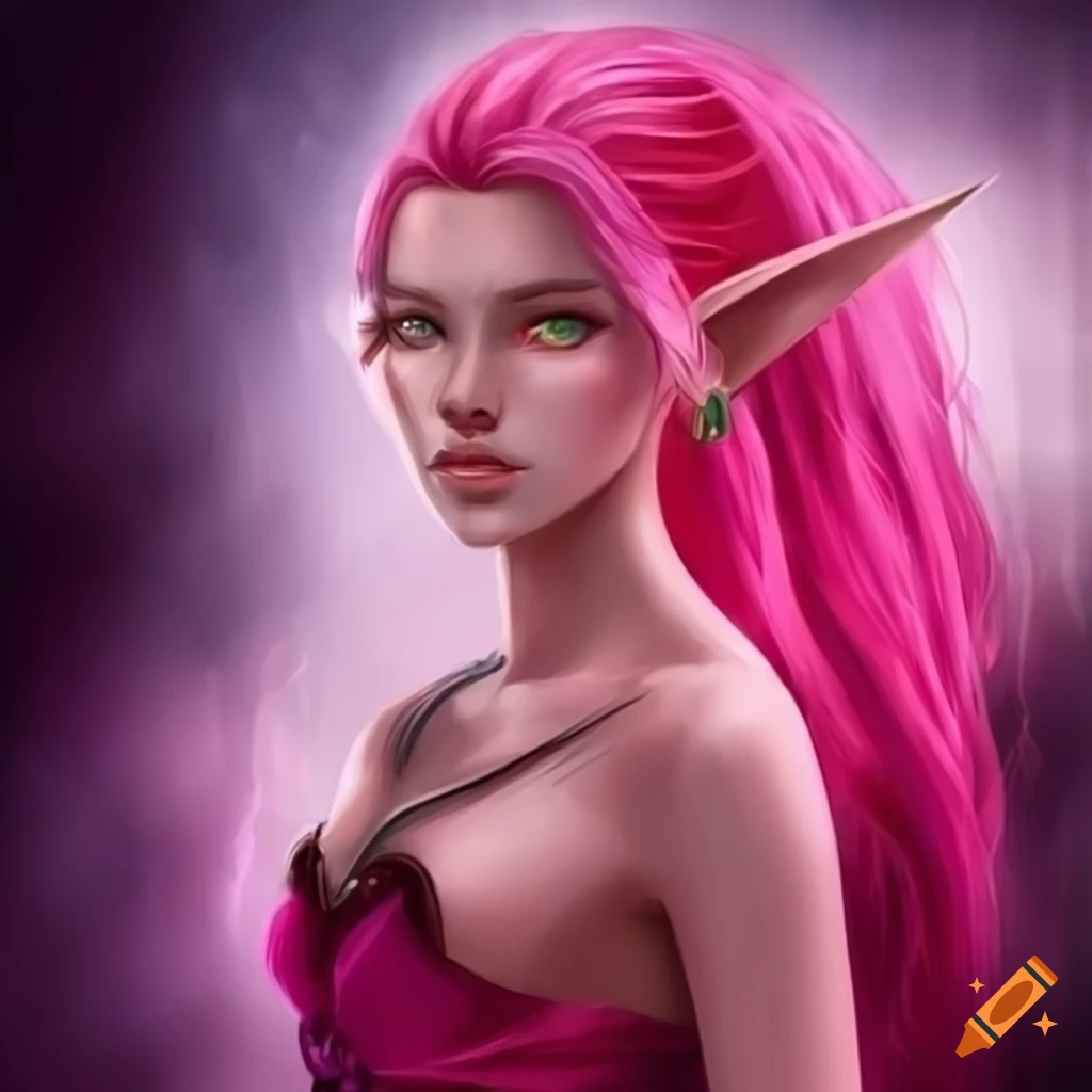 Illustration of an elf princess with pink hair and yellow eyes on Craiyon