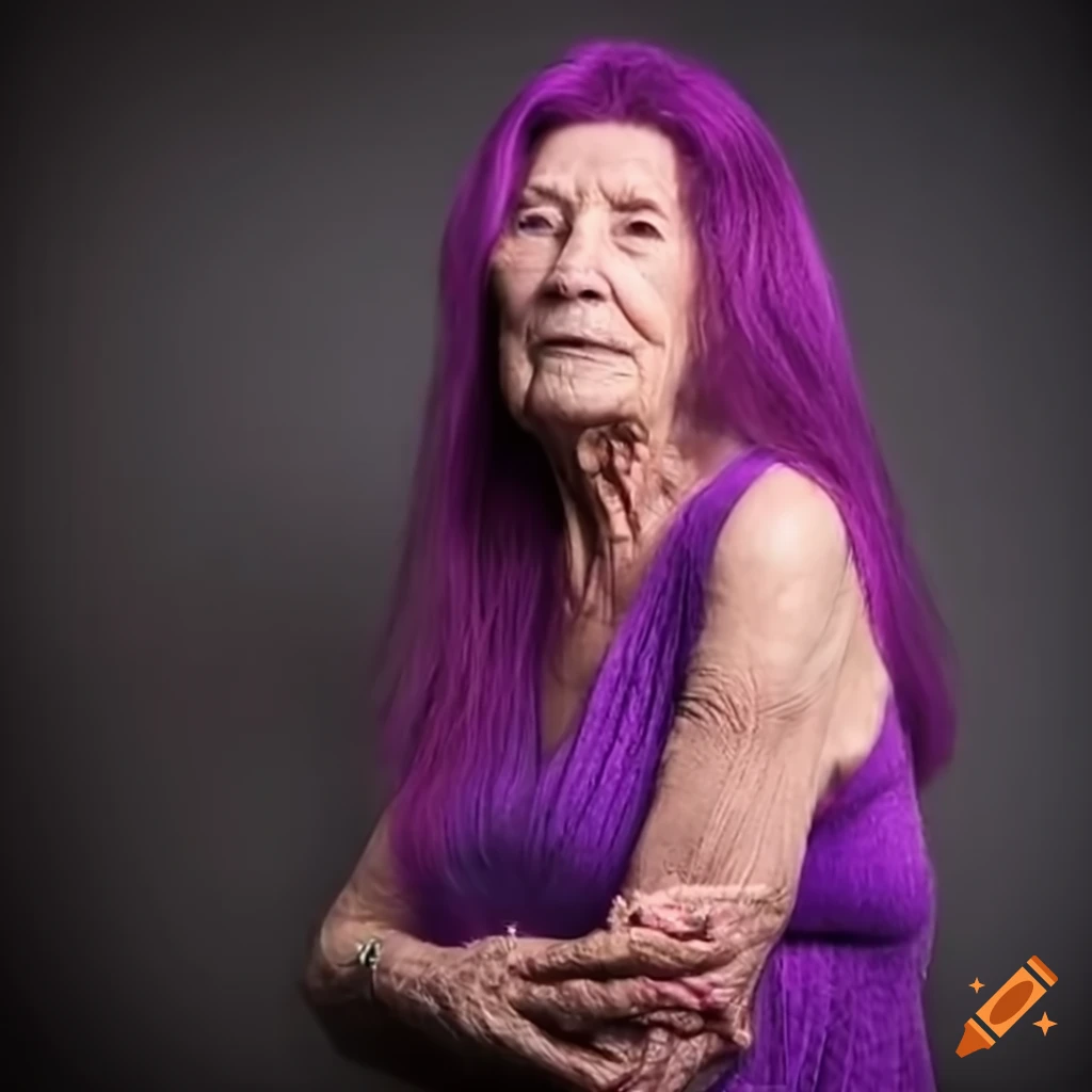 elderly woman with long purple hair in a grocery store