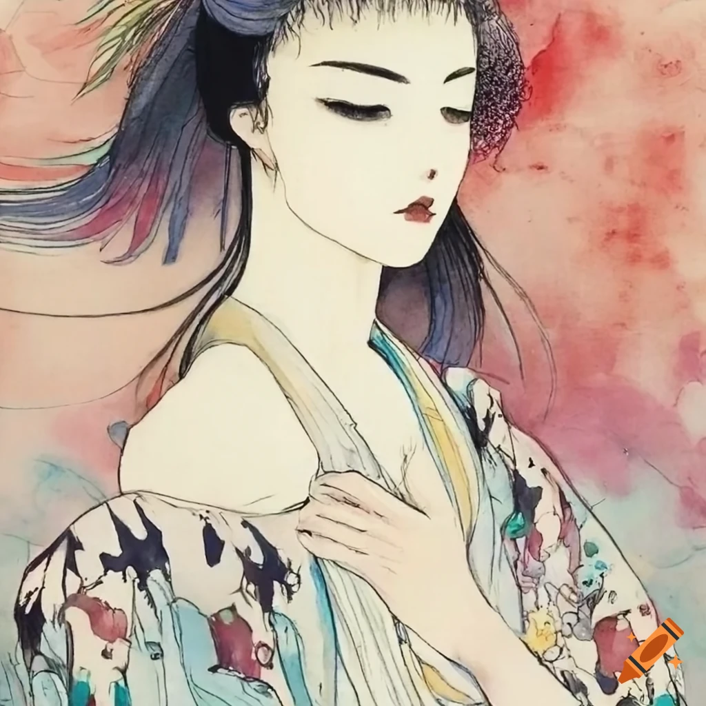 colorful manga sketch of a Japanese woman in a white dress