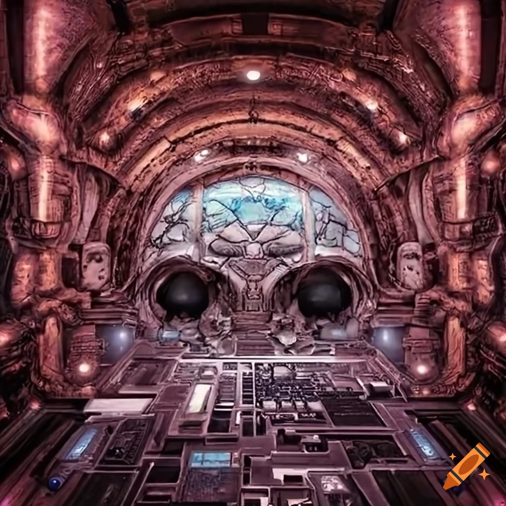 surreal artwork of aliens in a dirty spaceship