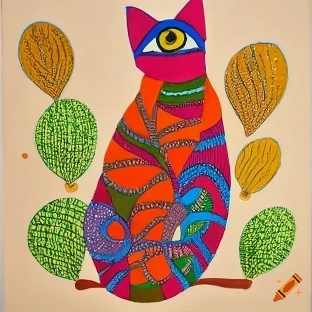vivid Gond painting of a cat