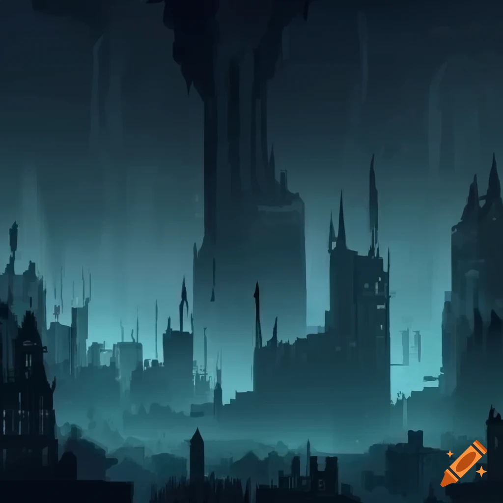 Dark fantasy cityscape backdrop for a platformer videogame on Craiyon
