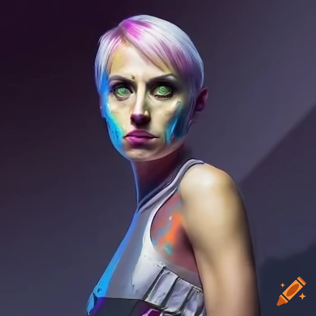 cosplay of a futuristic android with pink hair