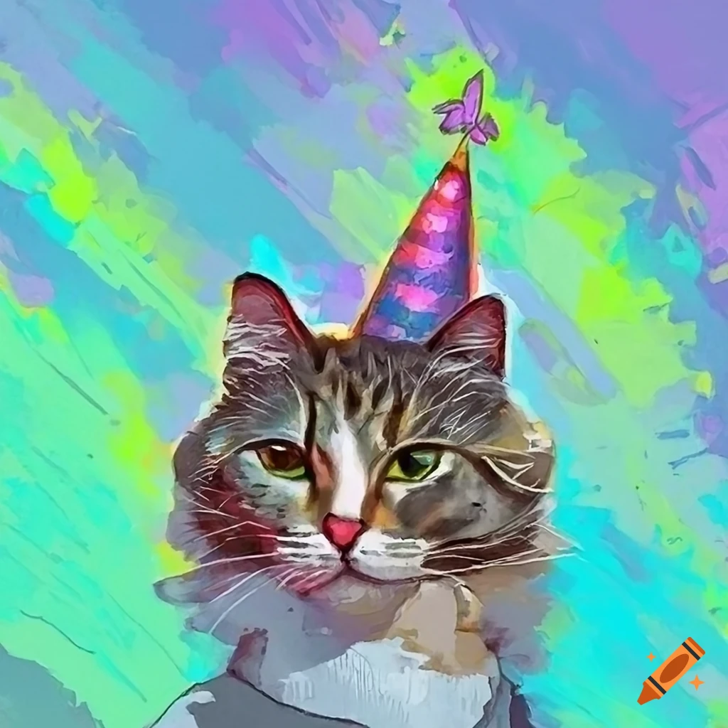 crayon art of a cat with a birthday hat on a city roof