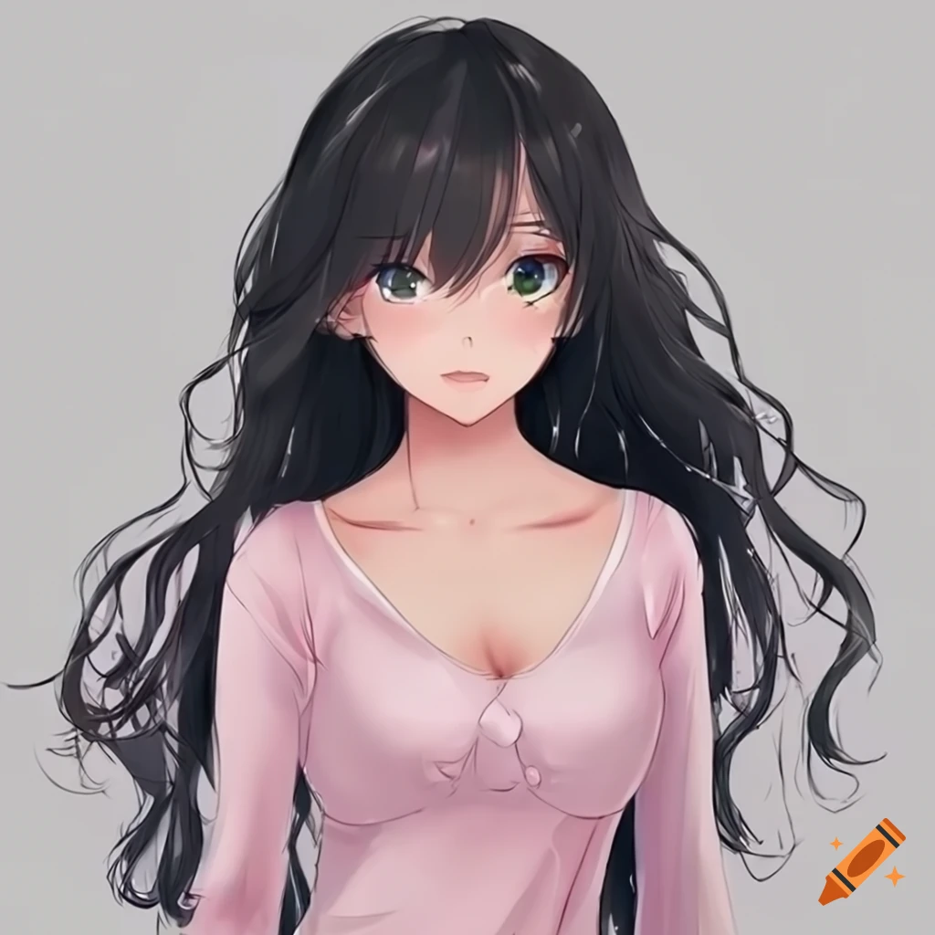 beautiful anime Thai girl with long wavy black hair