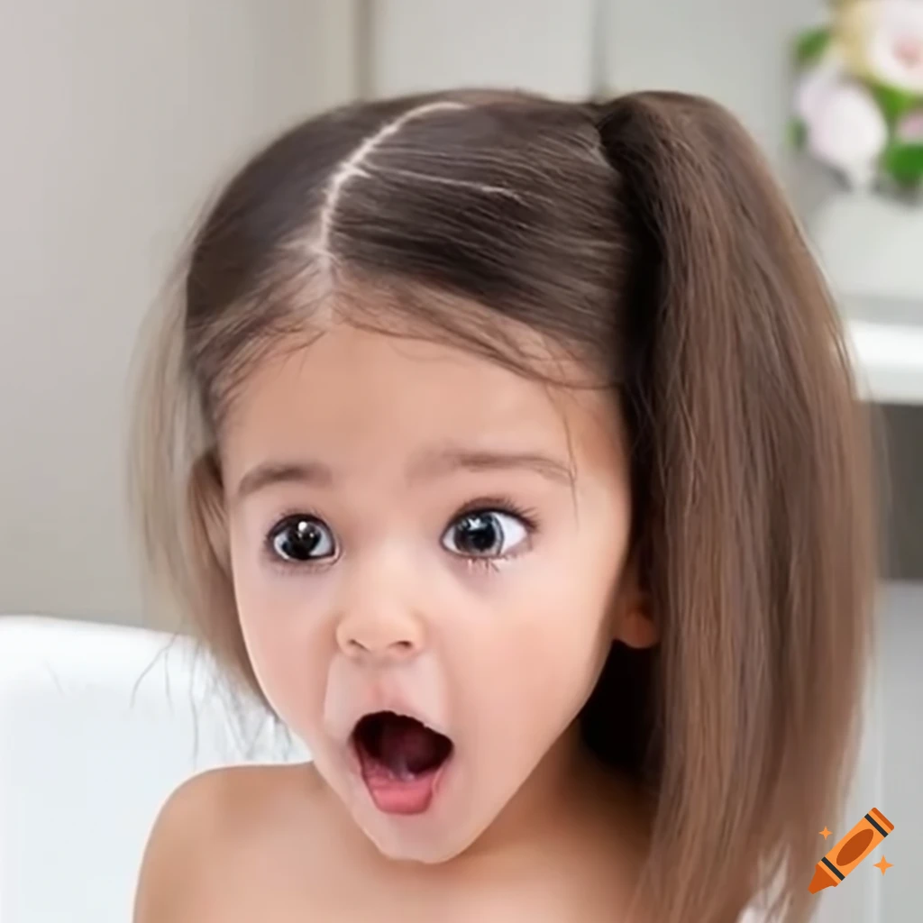 surprised toddler girl with pigtails during bath time