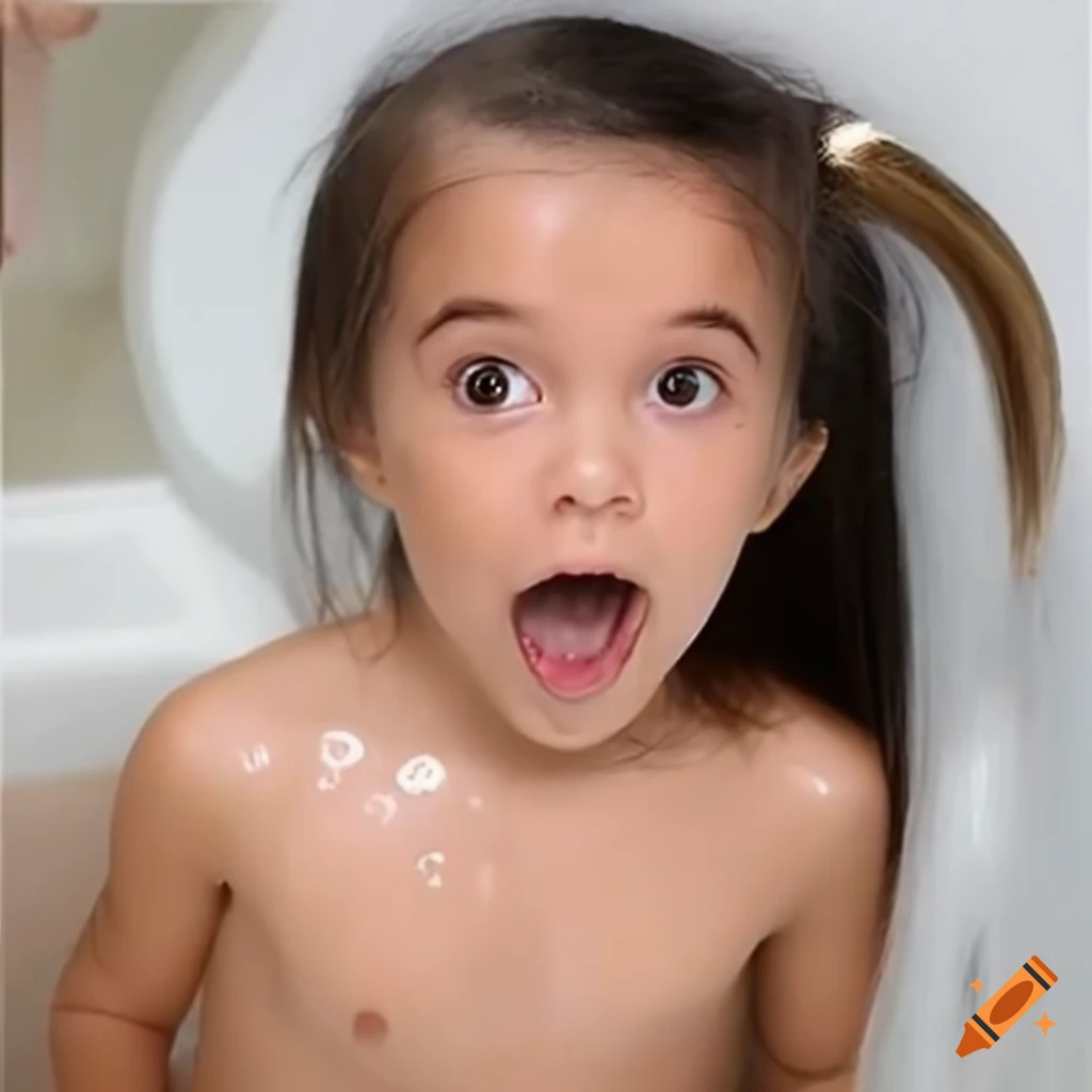 surprised toddler girl with pigtails during bath time