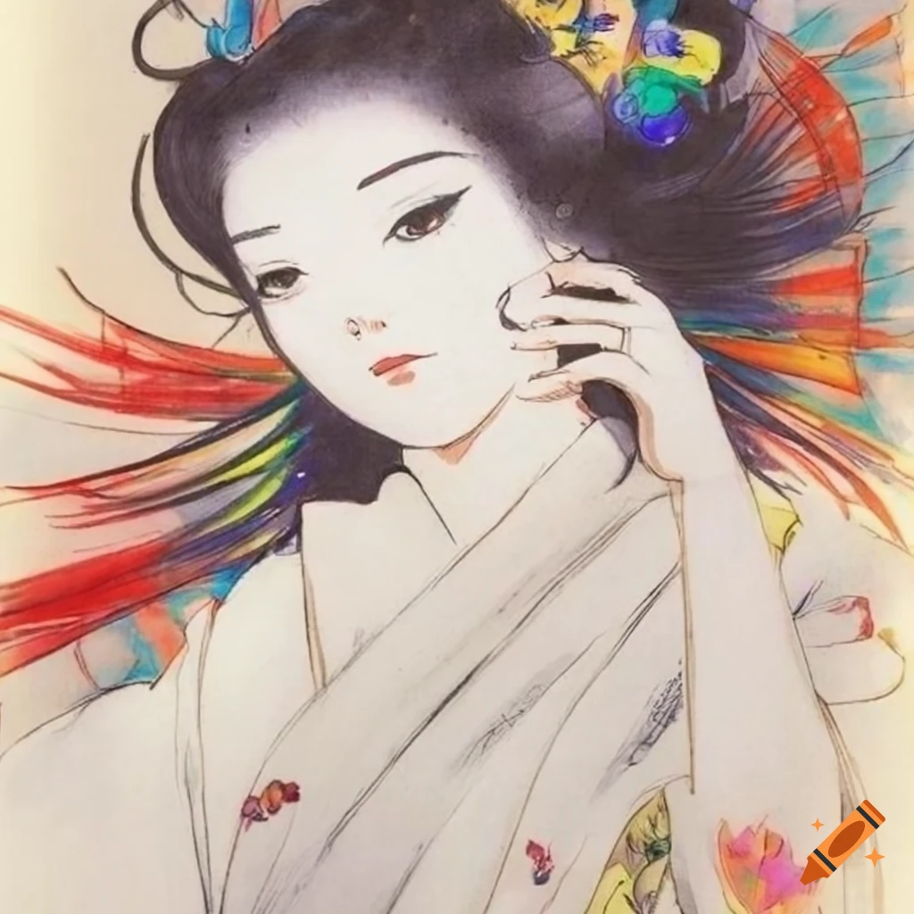 colorful manga sketch of a Japanese woman in white