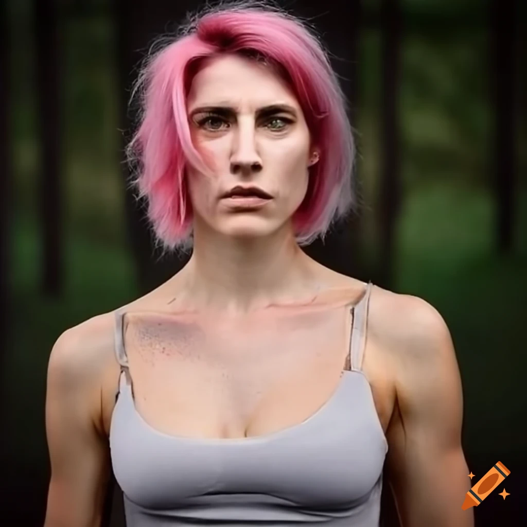 portrait of a sporty woman with pink hair and green eyes
