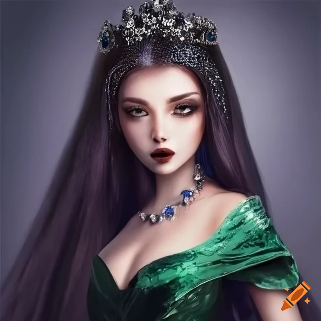 Portrait Of A Beautiful Dark Haired Princess In A Green Sequin Dress On Craiyon