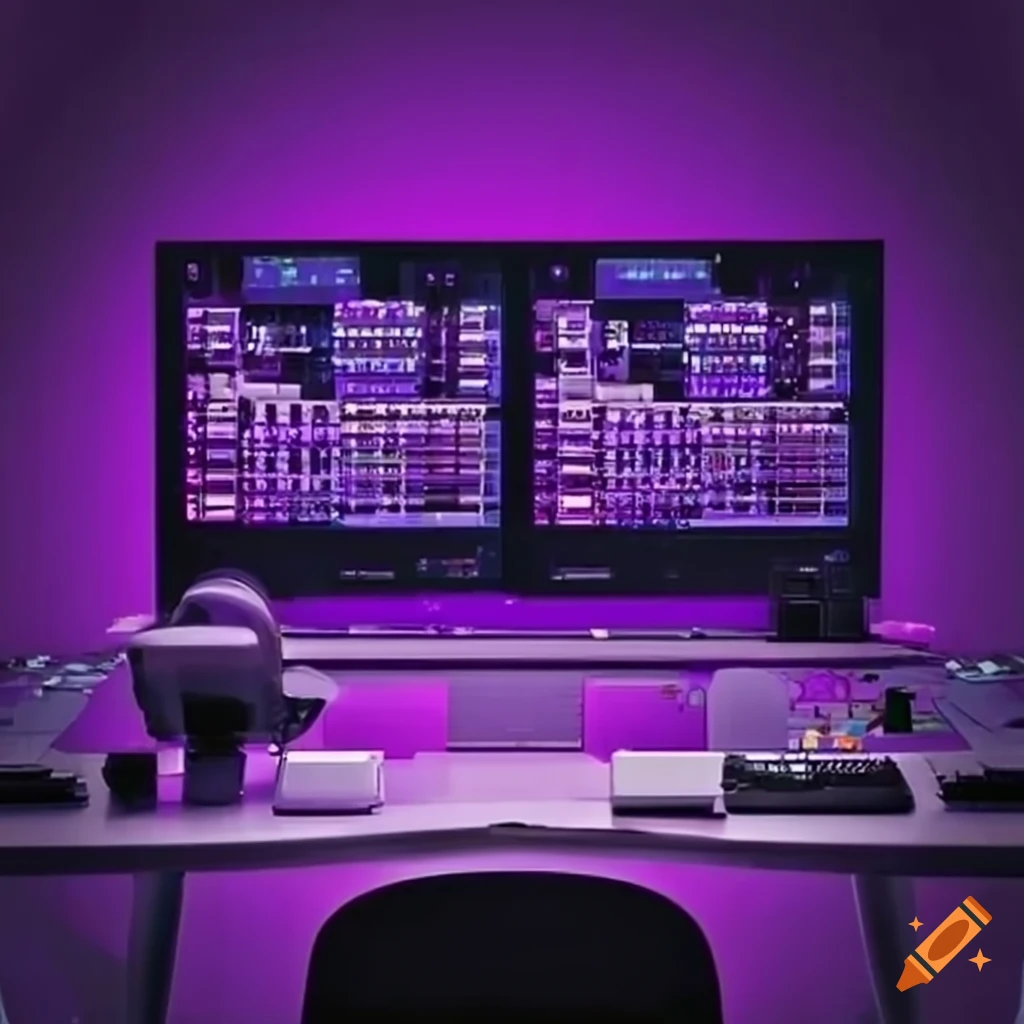 Hightech control room with purple computers on Craiyon