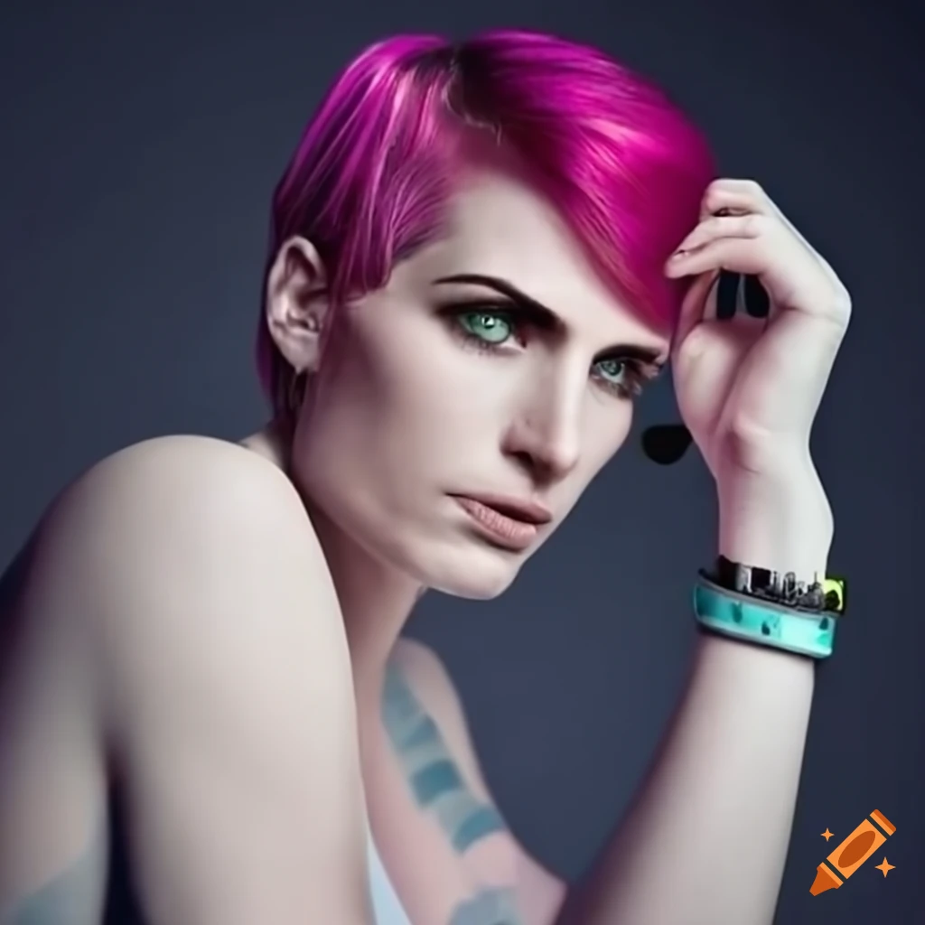cosplayer resembling an android with pink hair and green eyes
