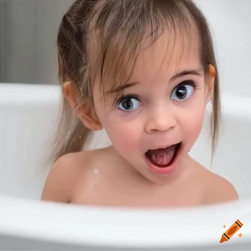 surprised toddler girl with pigtails during bath time