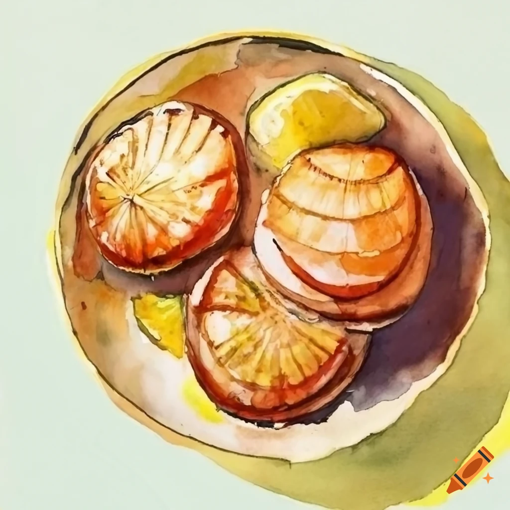 Watercolor painting of french lemon butter scallops on Craiyon