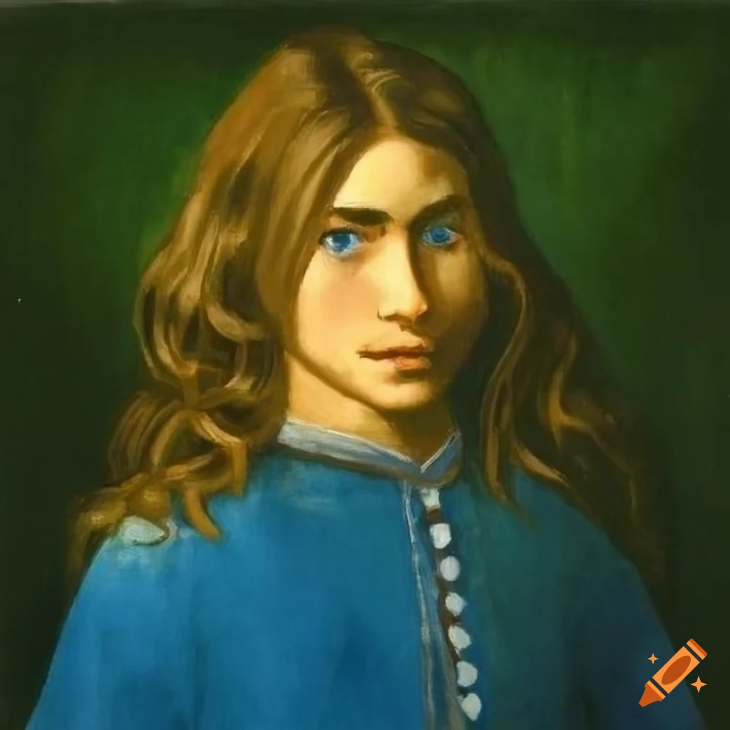 Portrait of a man with long blond wavy hair and blue eyes on Craiyon