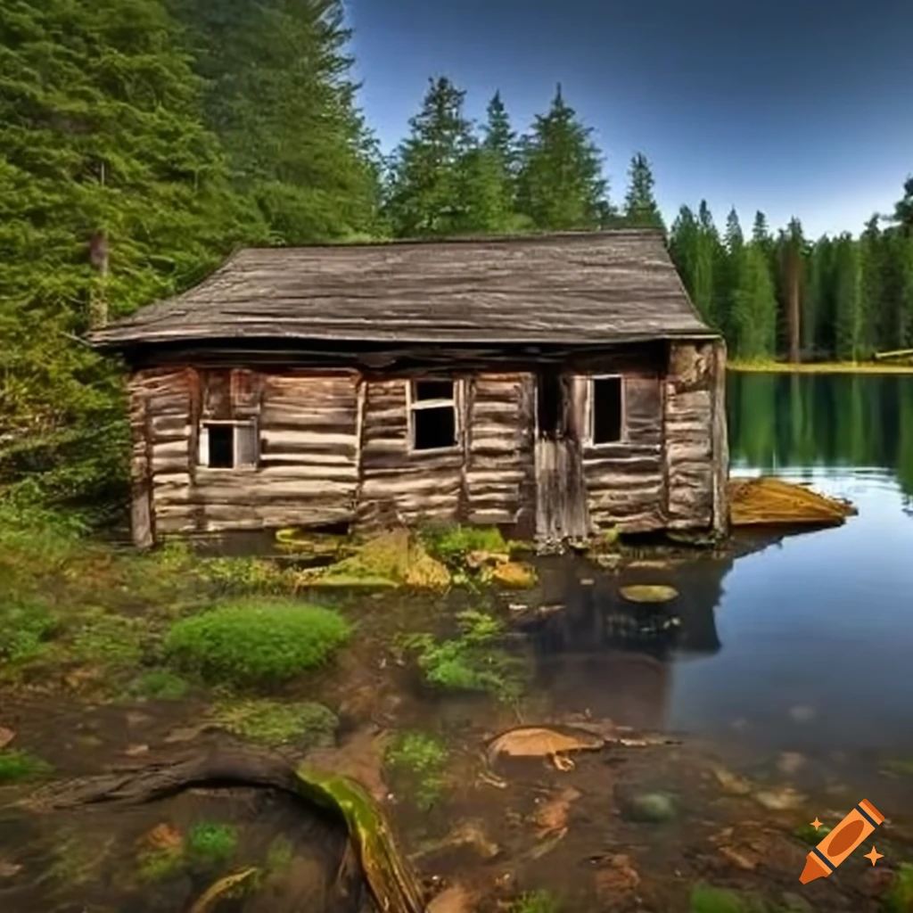 scenic view of an old cabin by a forested lake
