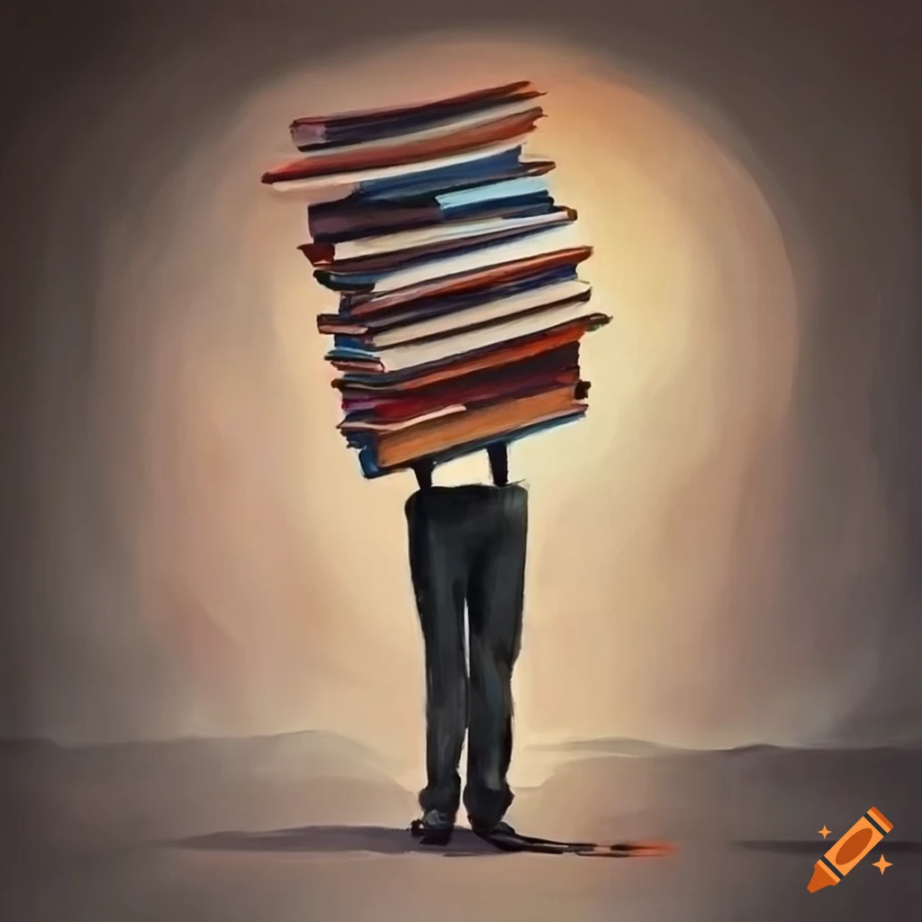 satirical painting of a student carrying stacks of money books