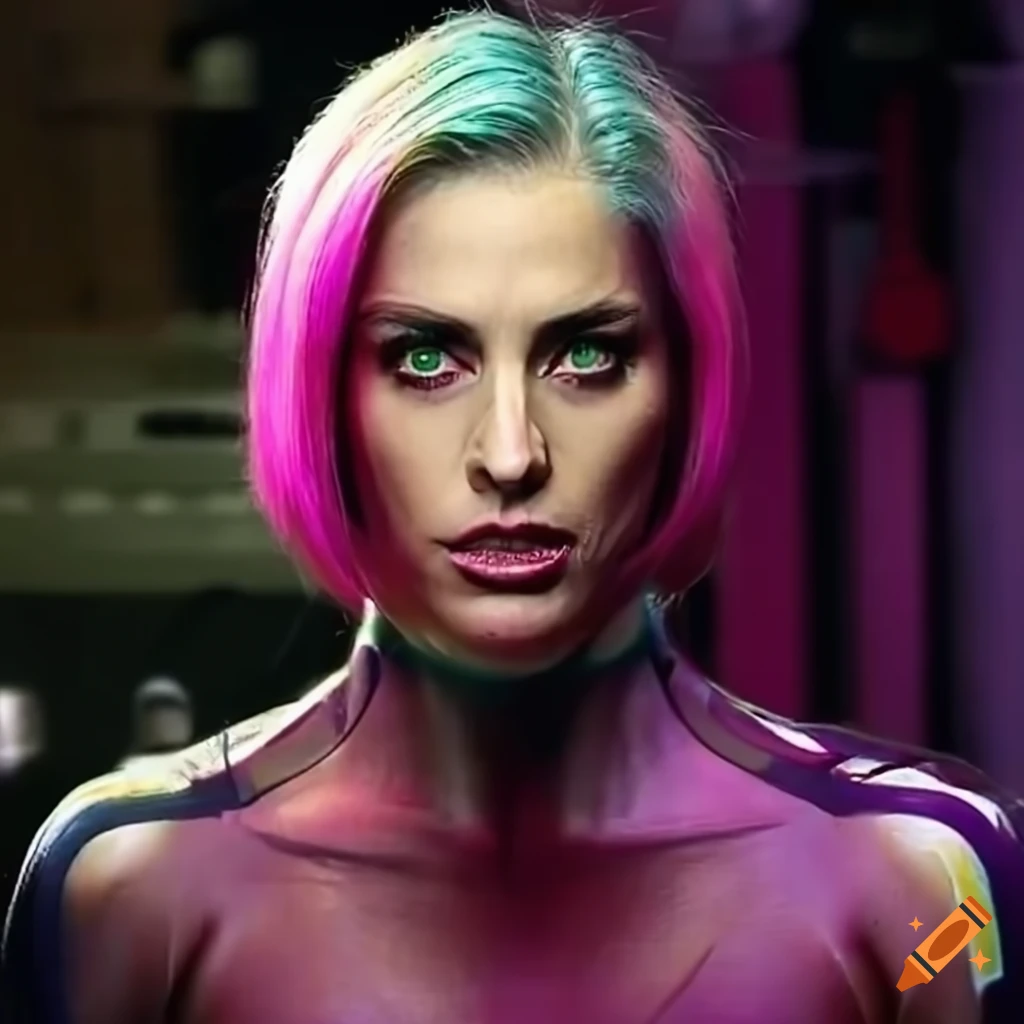 cosplay of a futuristic android with pink hair