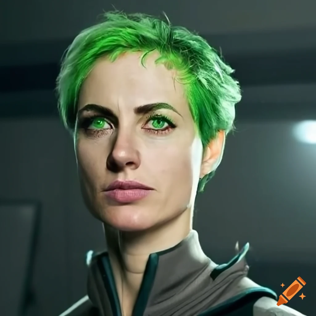Futuristic actress with short green hair and triangle paint on cheeks