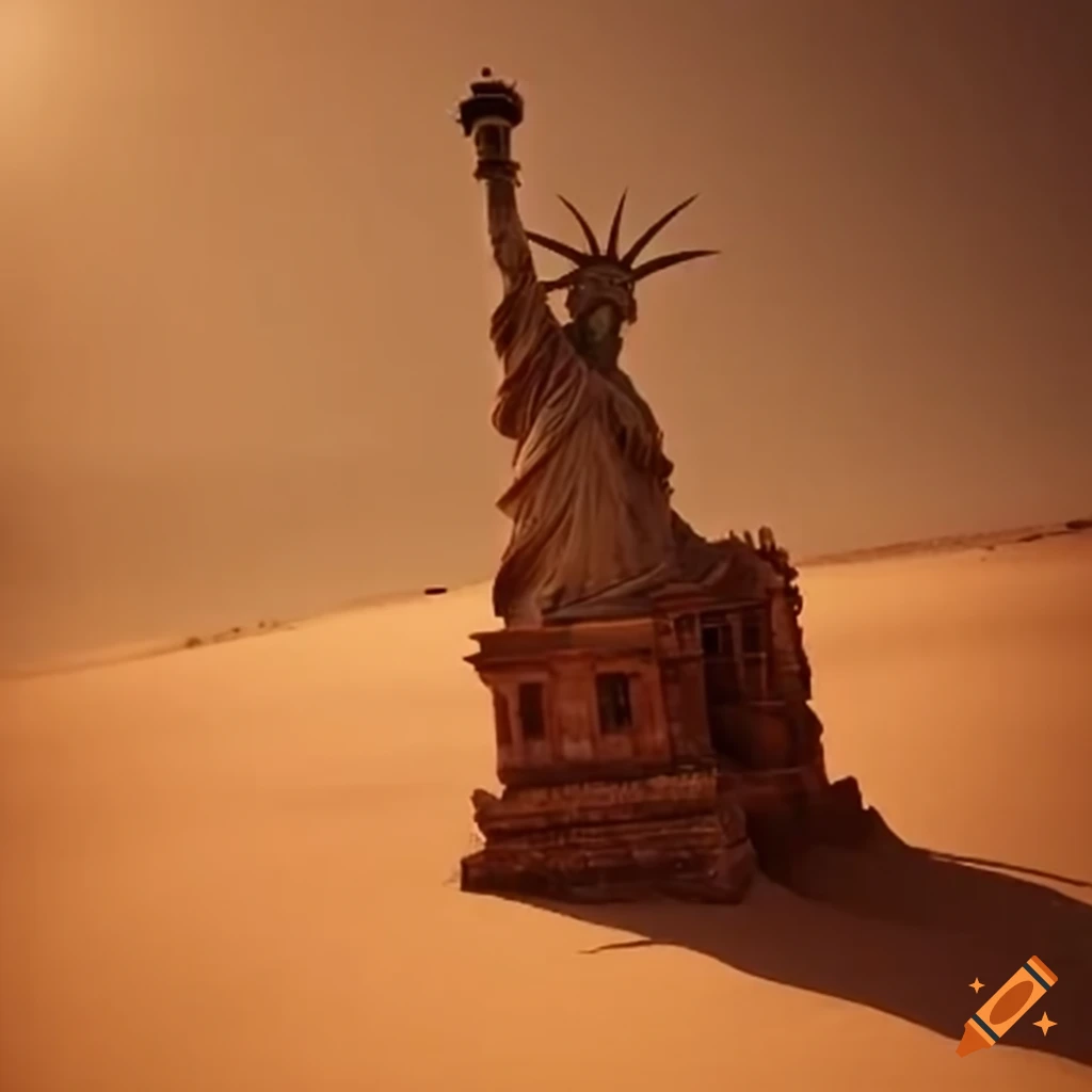 Rusty statue of liberty buried in desert sand on Craiyon