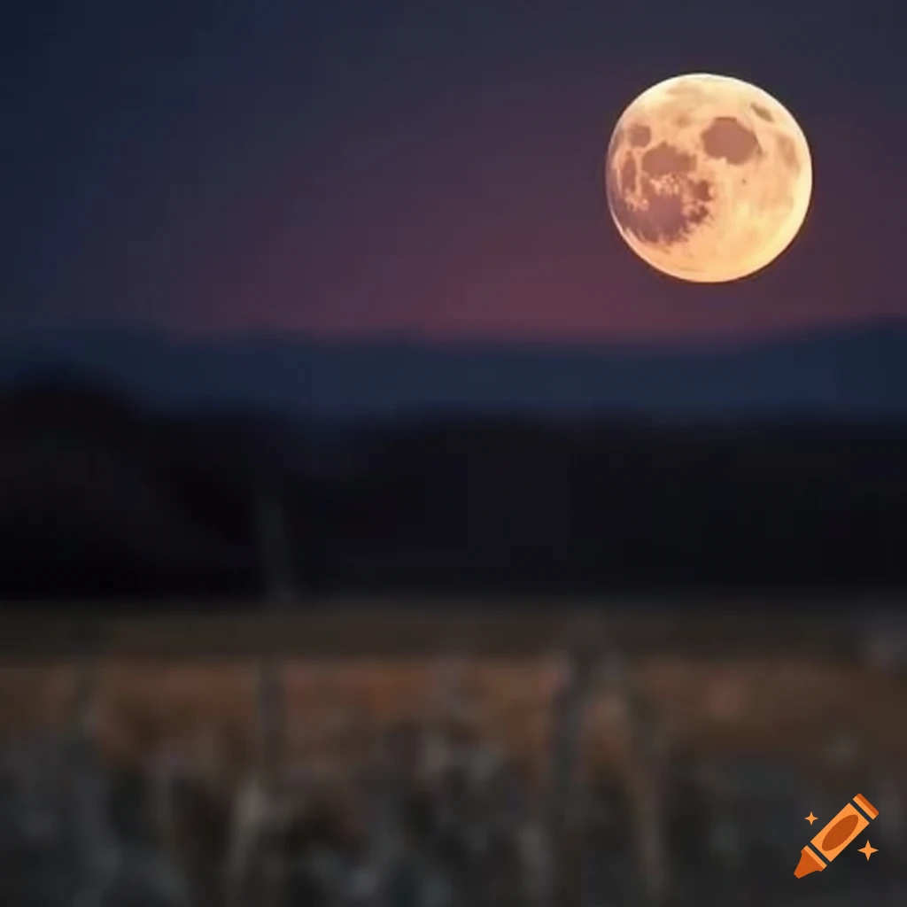 moon over a field during harvest with farmers