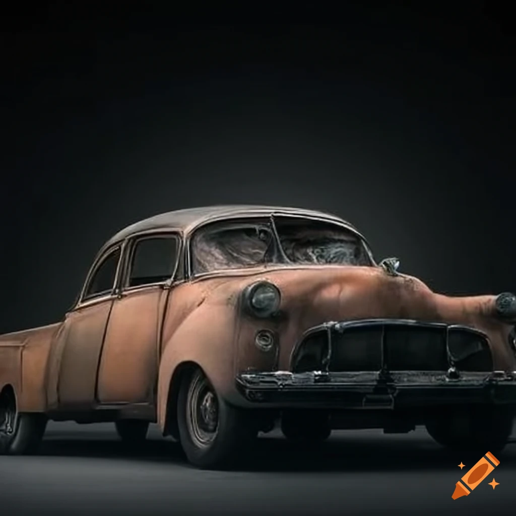 artistic representation of a skeleton in a rusty car