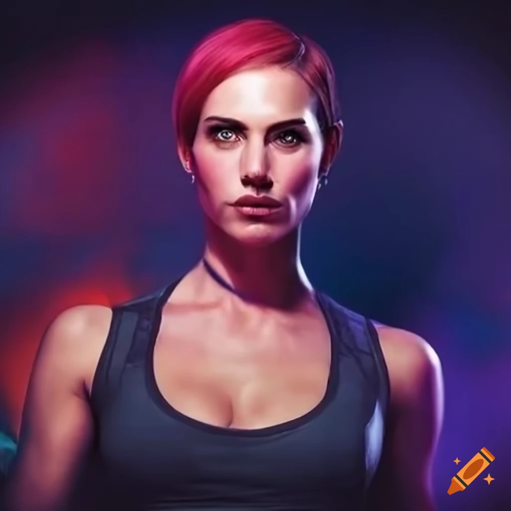 portrait of a pink-haired actress with green eyes and android markings