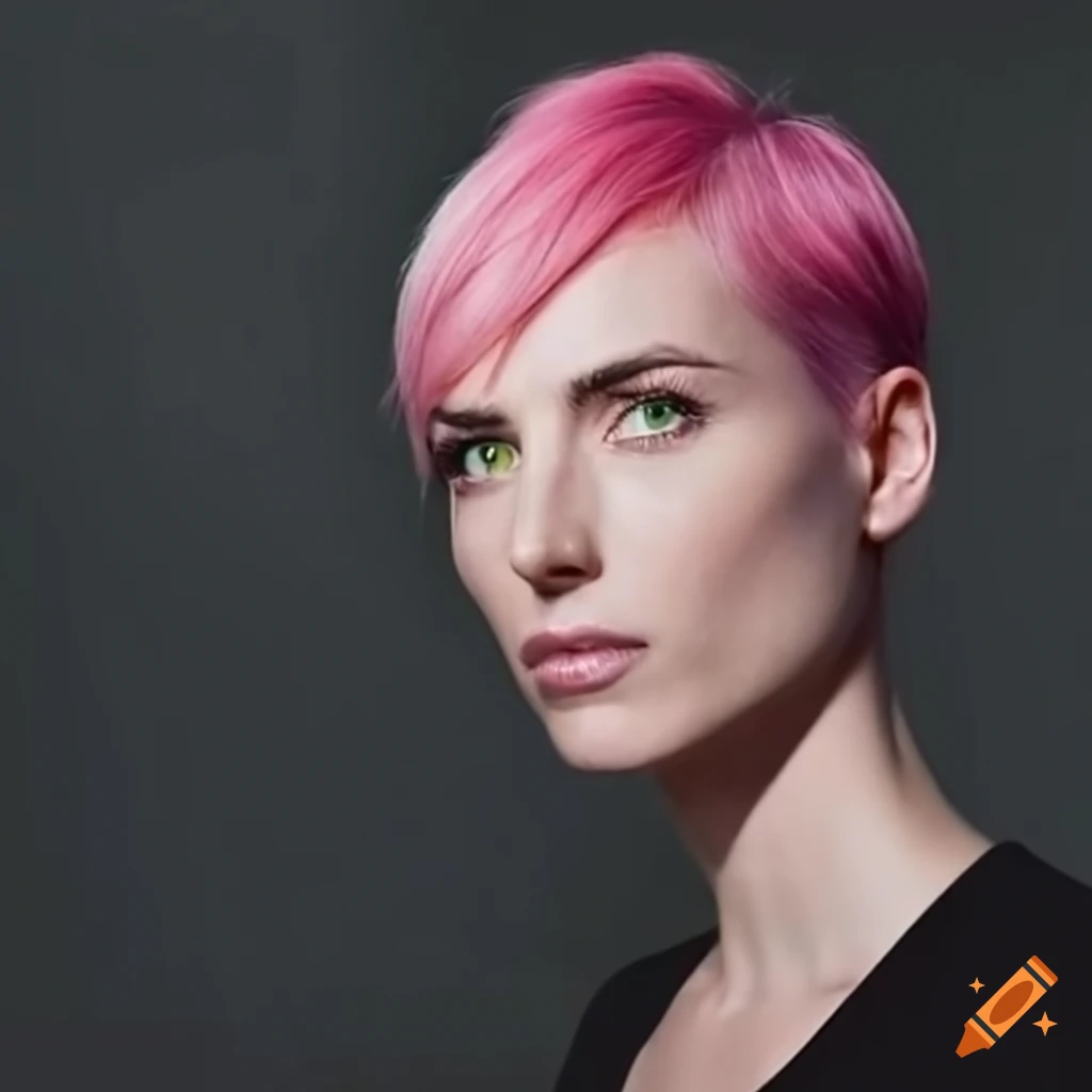 portrait of an actress with short pink hair and green eyes