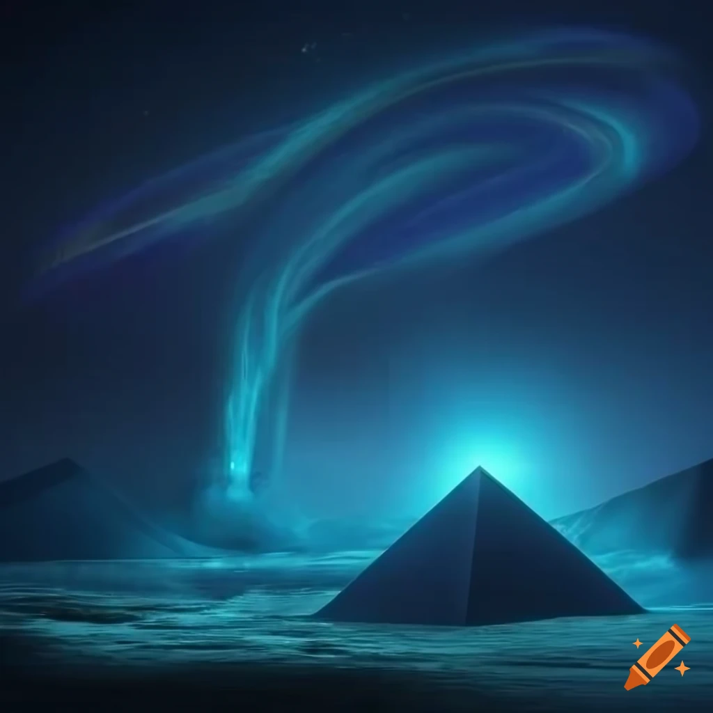 futuristic image of metallic-topped pyramids emitting waves of energy on a starry night background