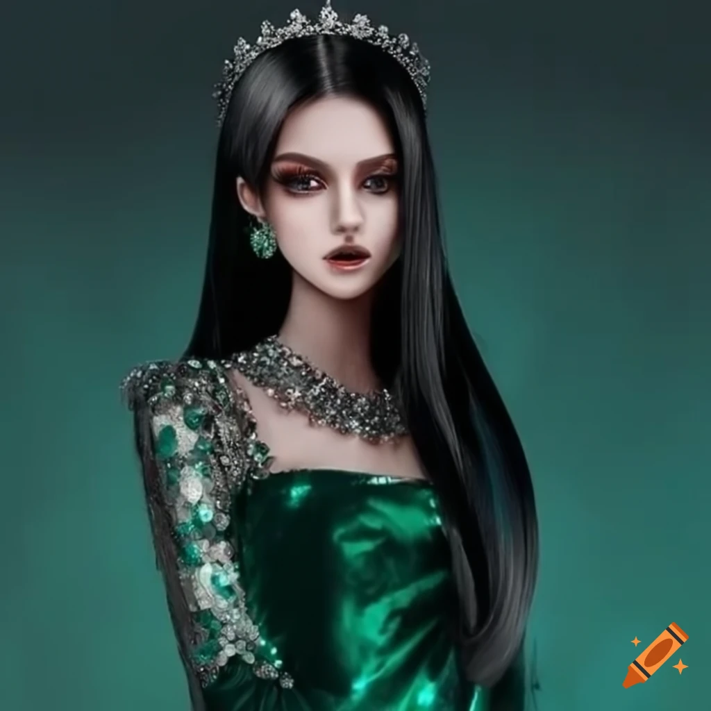 Photo of a dark-haired princess with a stunning green dress