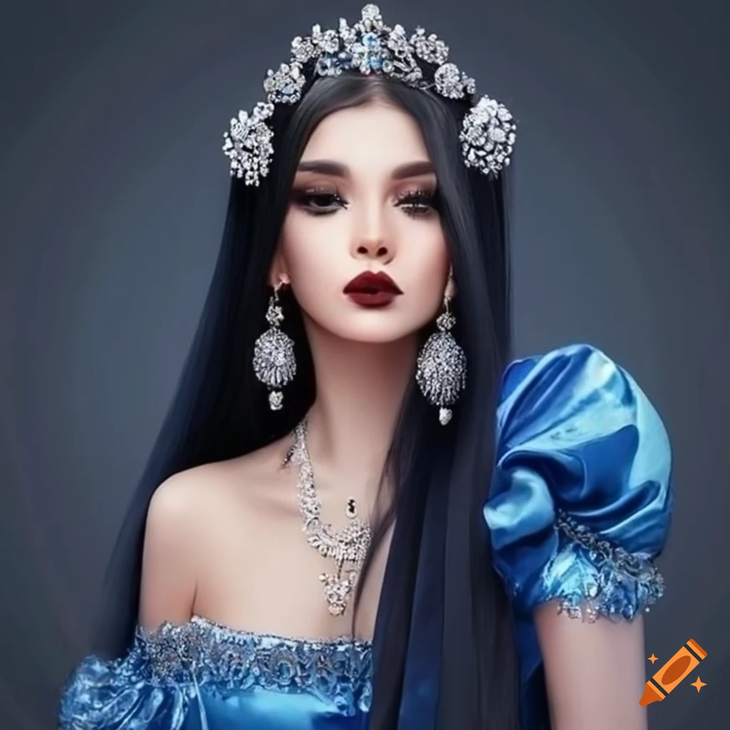 Ethereal princess in a dark blue sequin velvet dress