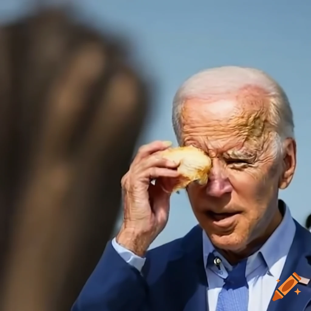 satirical image of Joe Biden eating a messy sandwich at the beach